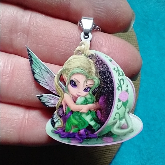 Jewelry - Fairy Teacup Pendant Necklace green purple white